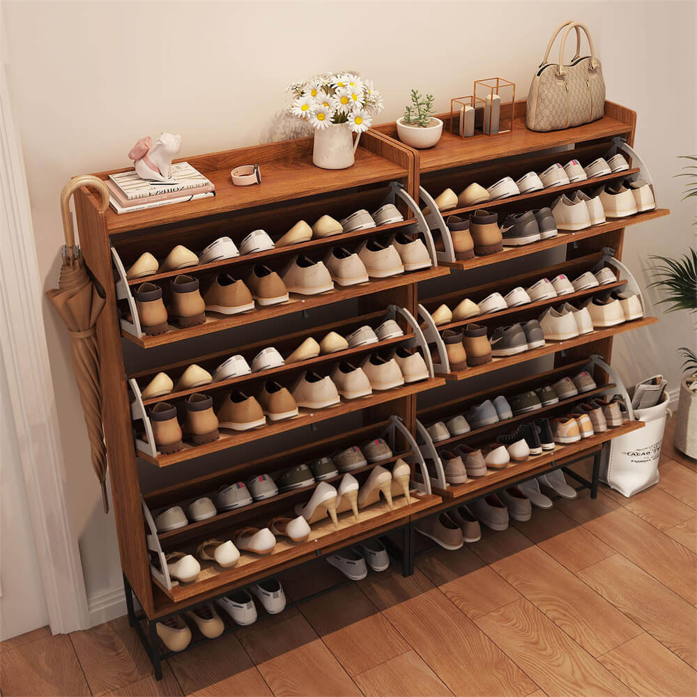 Modern Entryway Wooden Shoe Cabinet Freestanding Tipping Bucket Shoe Rack Walnut with 3 Flip Drawers