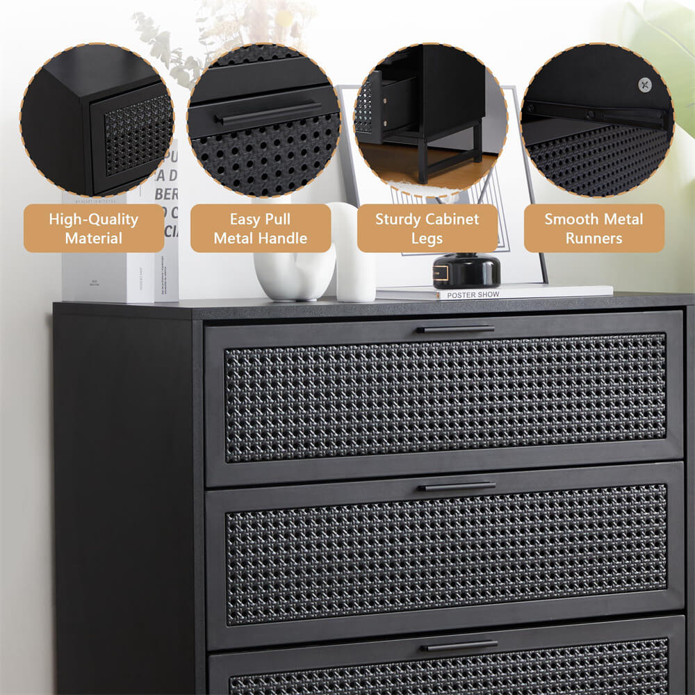 Modern Iron Rattan Dresser Chest of Drawers Black Hallway Entryway Storage Cabinet