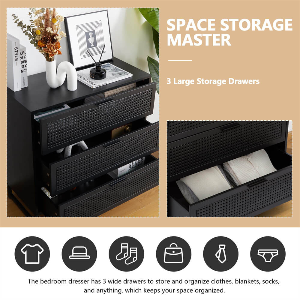 Modern Iron Rattan Dresser Chest of Drawers Black Hallway Entryway Storage Cabinet