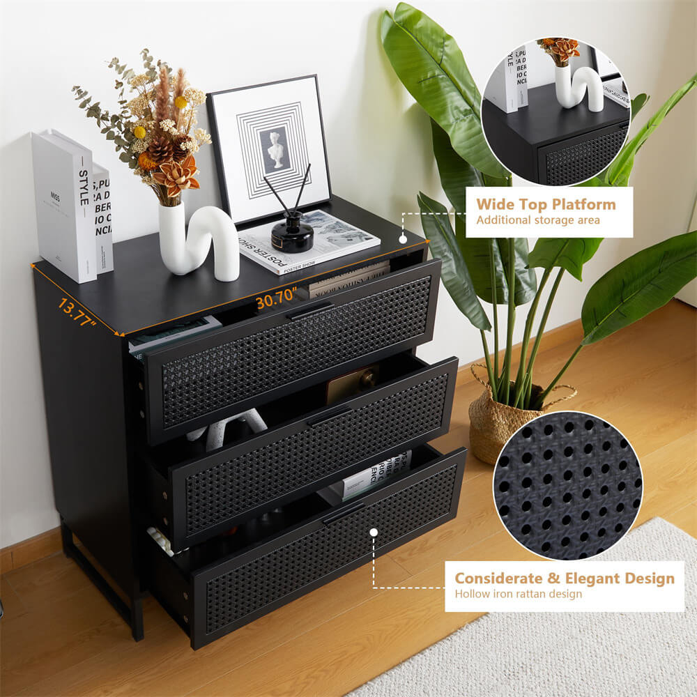 Modern Iron Rattan Dresser Chest of Drawers Black Hallway Entryway Storage Cabinet