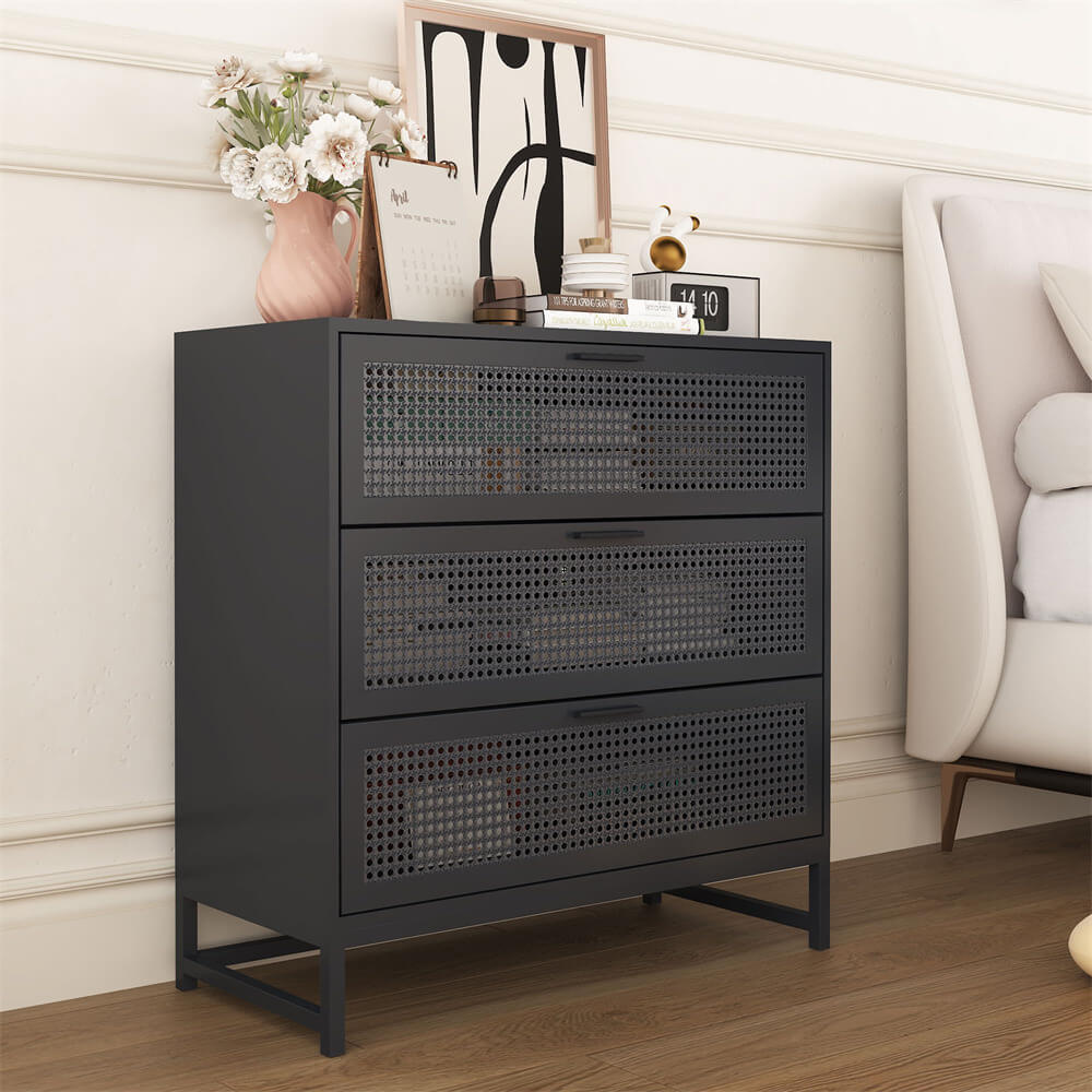 Modern Iron Rattan Dresser Chest of Drawers Black Hallway Entryway Storage Cabinet