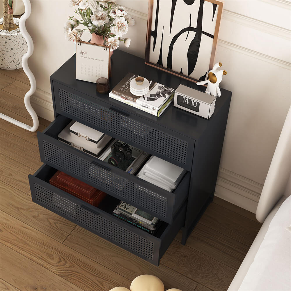 Modern Iron Rattan Dresser Chest of Drawers Black Hallway Entryway Storage Cabinet