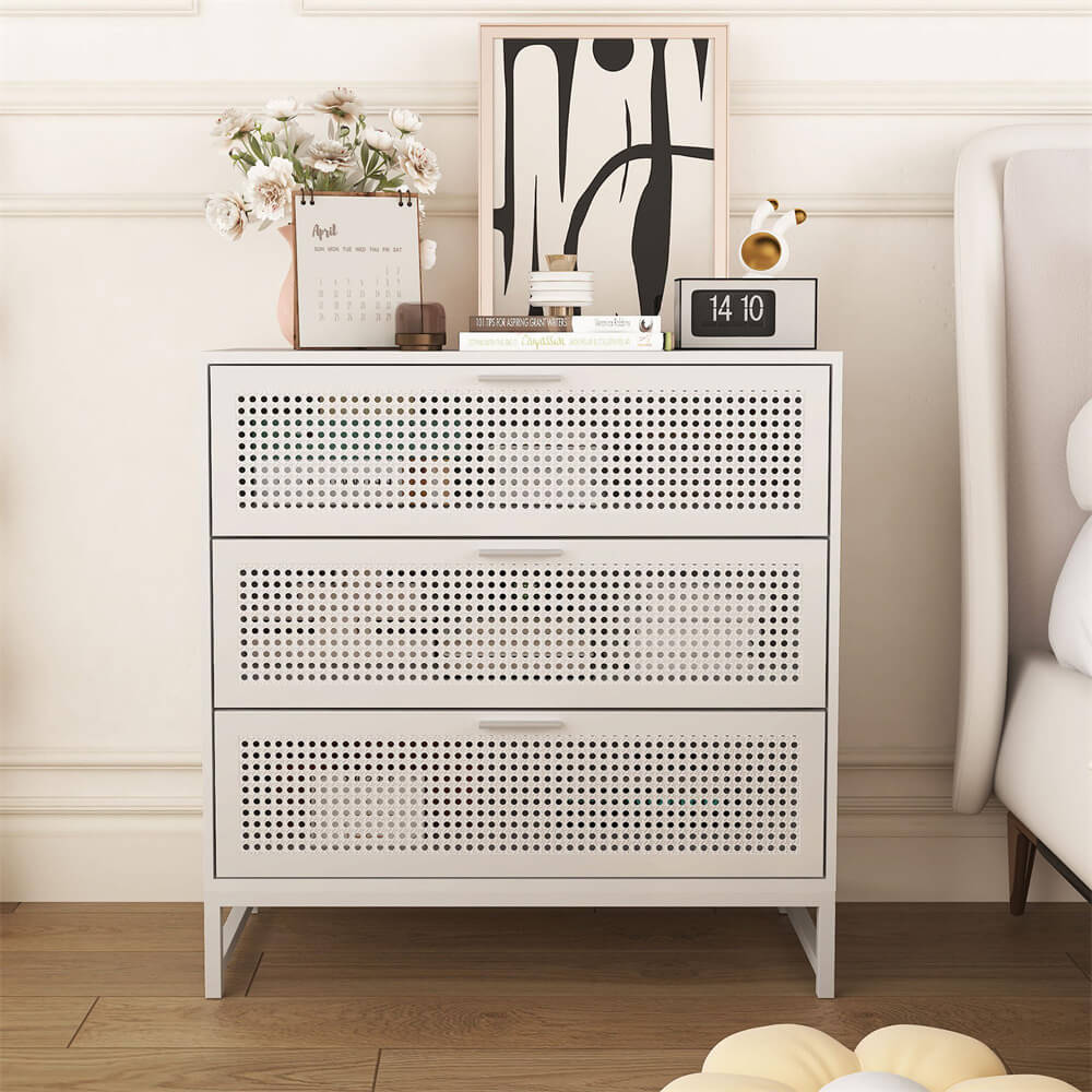 Modern Iron Rattan Dresser Chest of Drawers White Hallway Entryway Storage Cabinet