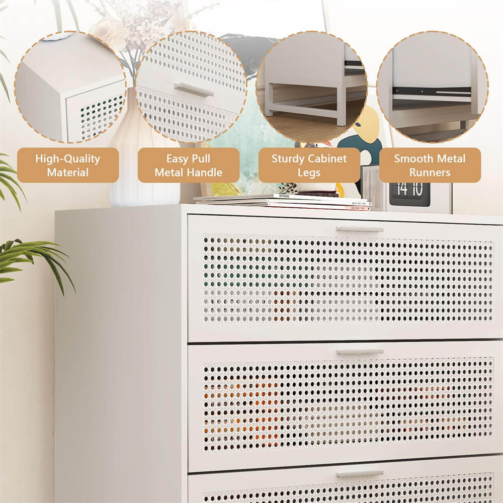 Modern Iron Rattan Dresser Chest of Drawers White Hallway Entryway Storage Cabinet