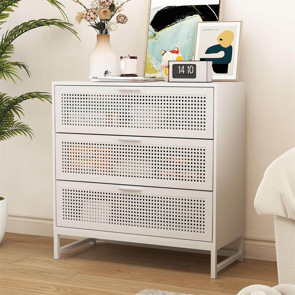 Modern Iron Rattan Dresser Chest of Drawers White Hallway Entryway Storage Cabinet