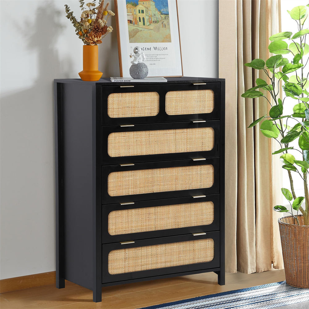 Modern Rattan 5 Drawers Dresser Table Black Chest of Drawers with Metal Handles