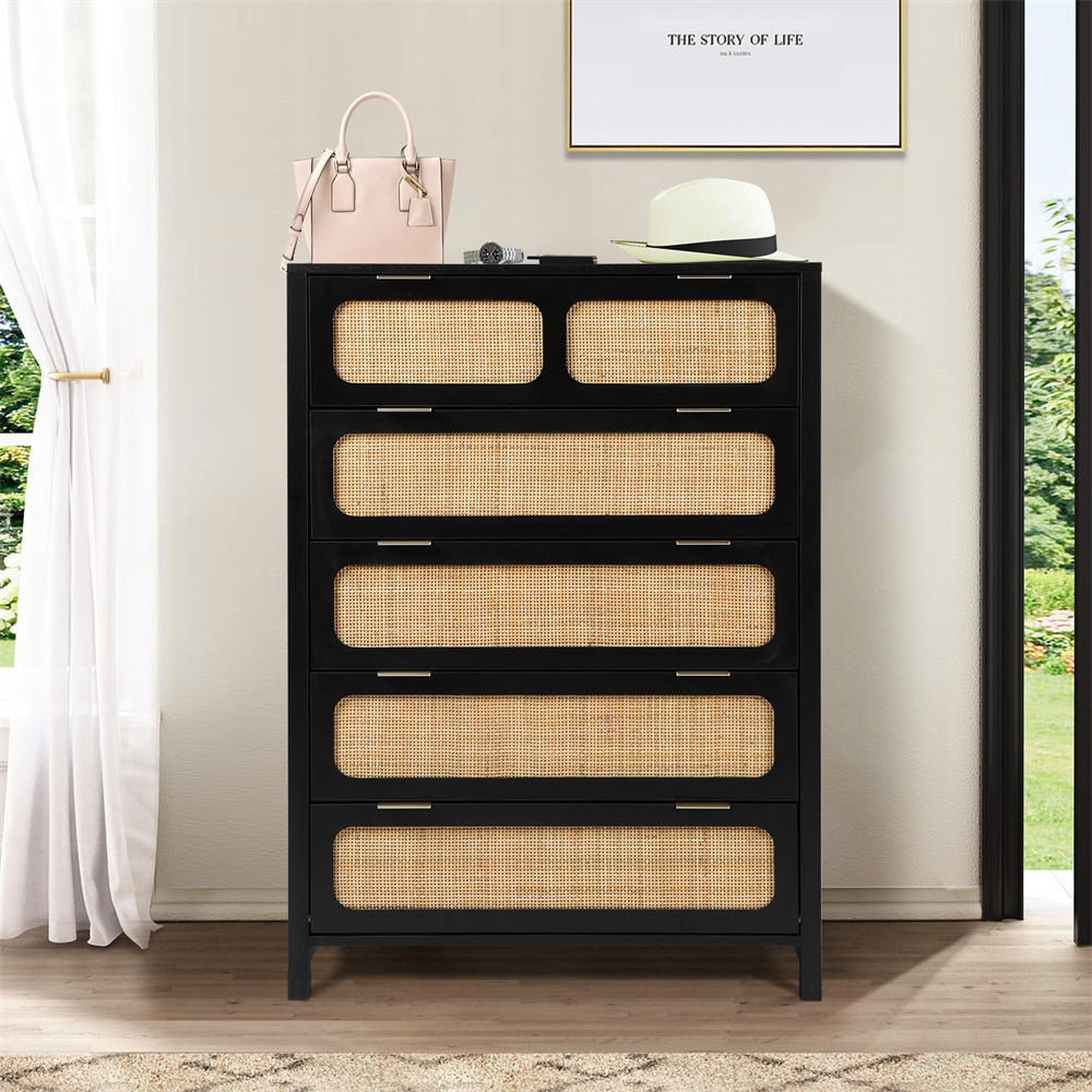 Modern Rattan 5 Drawers Dresser Table Black Chest of Drawers with Metal Handles