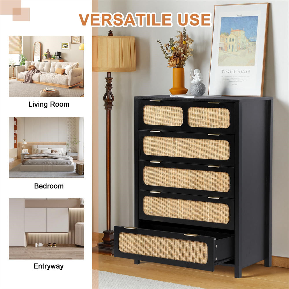 Modern Rattan 5 Drawers Dresser Table Black Chest of Drawers with Metal Handles