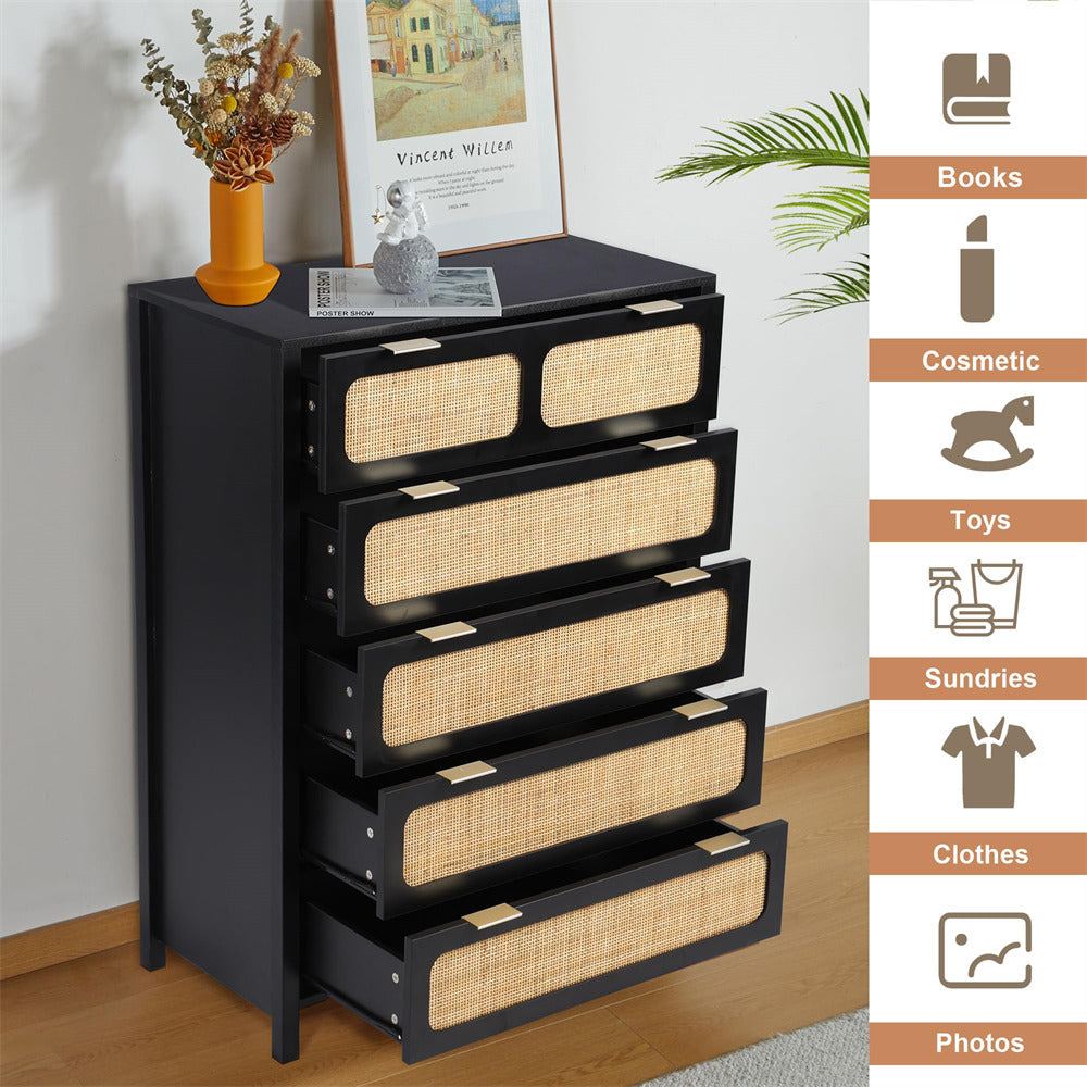 Modern Rattan 5 Drawers Dresser Table Black Chest of Drawers with Metal Handles