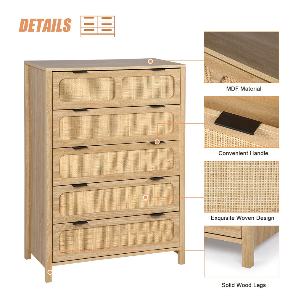 Modern Rattan 5 Drawers Dresser Table Natural Chest of Drawers with Metal Handles