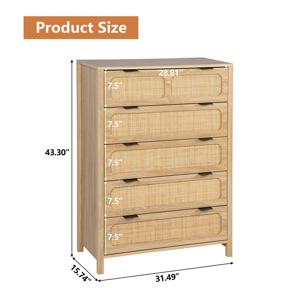 Modern Rattan 5 Drawers Dresser Table Natural Chest of Drawers with Metal Handles