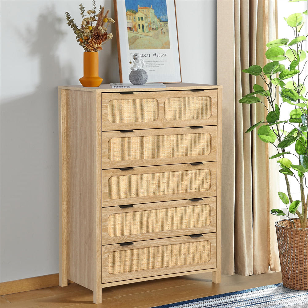 Modern Rattan 5 Drawers Dresser Table Natural Chest of Drawers with Metal Handles