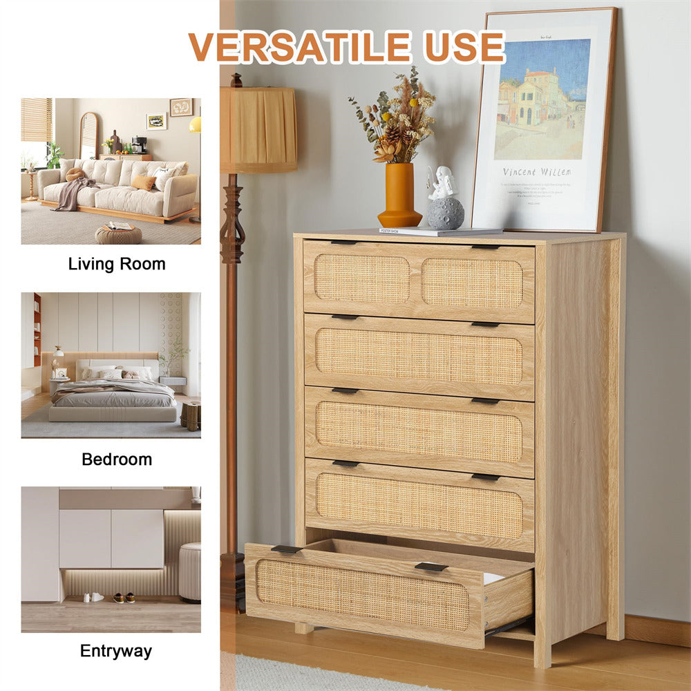 Modern Rattan 5 Drawers Dresser Table Natural Chest of Drawers with Metal Handles