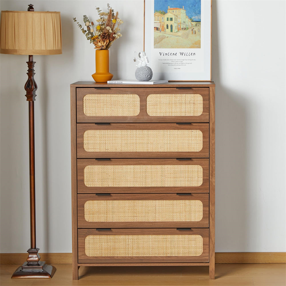 Modern Rattan 5 Drawers Dresser Table Walnut Chest of Drawers with Metal Handles