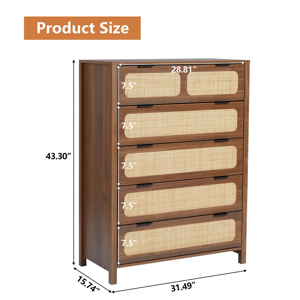 Modern Rattan 5 Drawers Dresser Table Walnut Chest of Drawers with Metal Handles