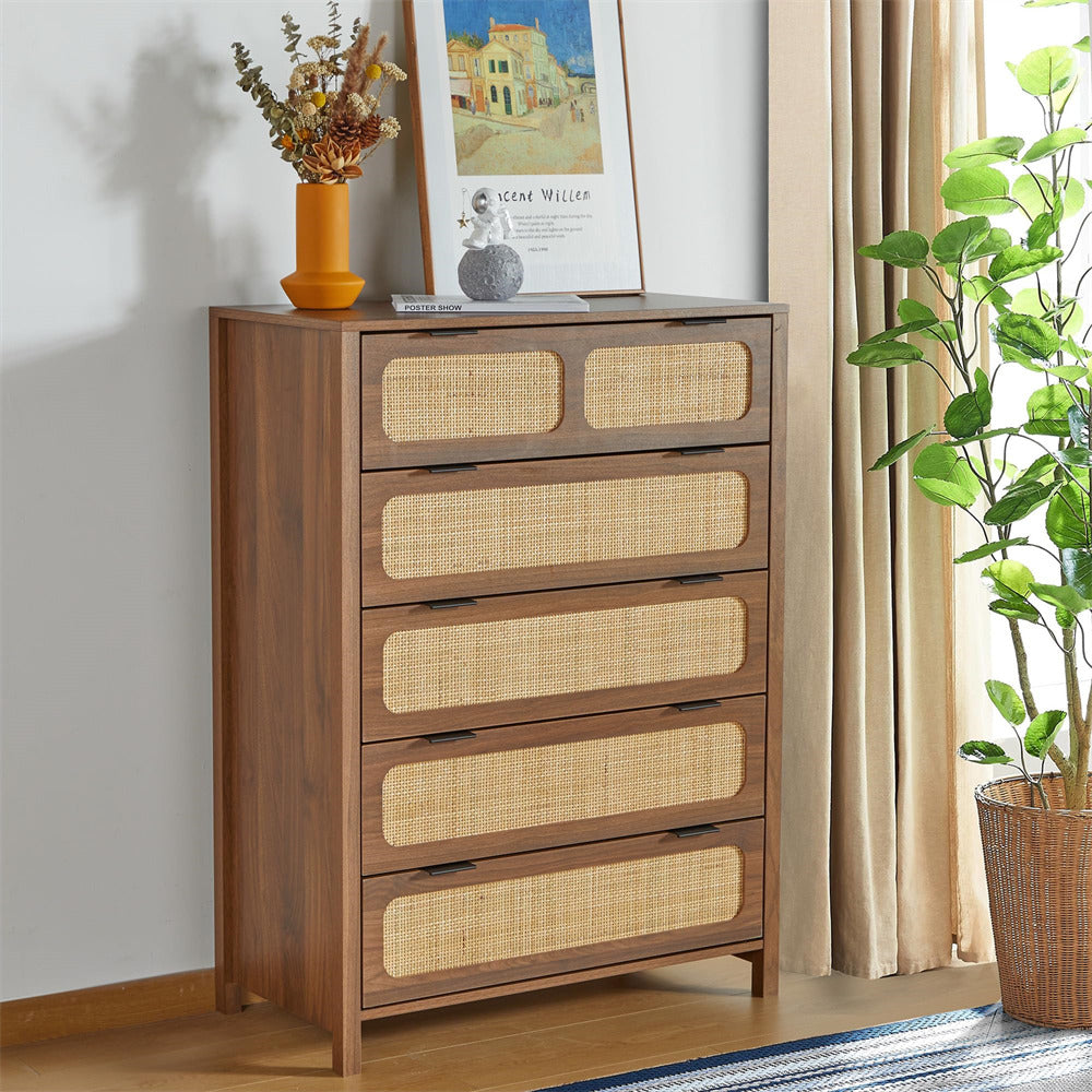 Modern Rattan 5 Drawers Dresser Table Walnut Chest of Drawers with Metal Handles