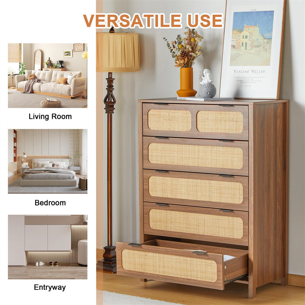 Modern Rattan 5 Drawers Dresser Table Walnut Chest of Drawers with Metal Handles
