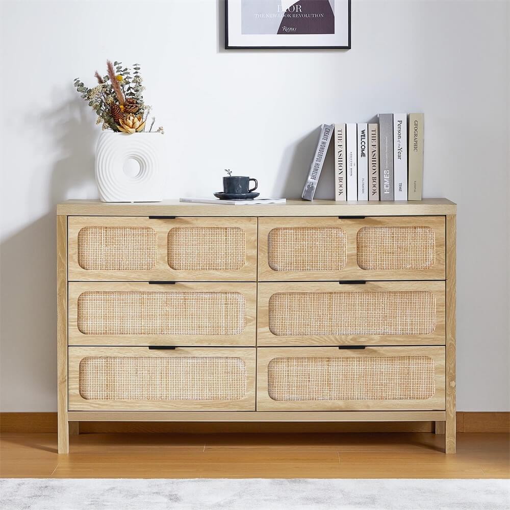 Modern Rattan Dresser Table with Metal Handles and 6 Drawers Modern Rattan Dresser Table with Metal Handles and 6 Drawers