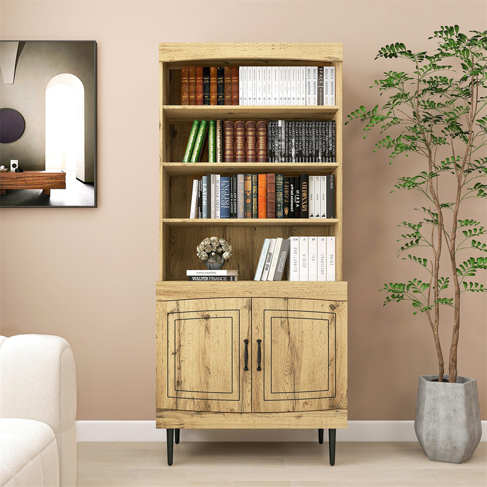 Modern Utility Pantry Cabinet Kitchen Storage Cabinet Walnut with Bookshelf and Adjustable Shelves