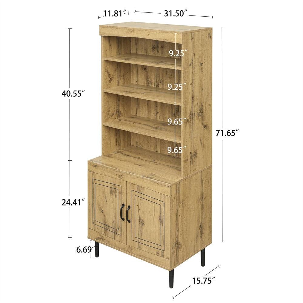 Modern Utility Pantry Cabinet Kitchen Storage Cabinet Walnut with Bookshelf and Adjustable Shelves