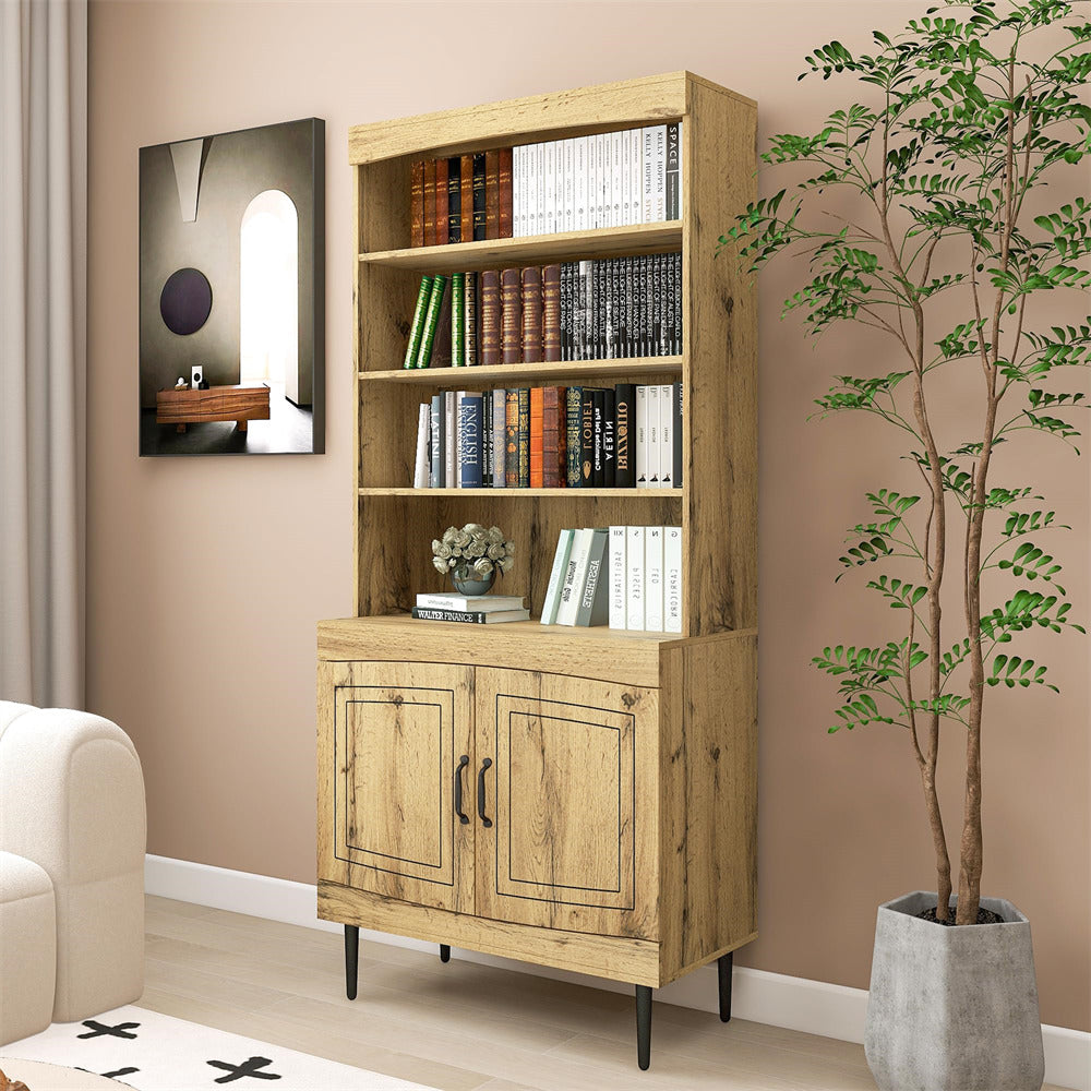Modern Utility Pantry Cabinet Kitchen Storage Cabinet Walnut with Bookshelf and Adjustable Shelves