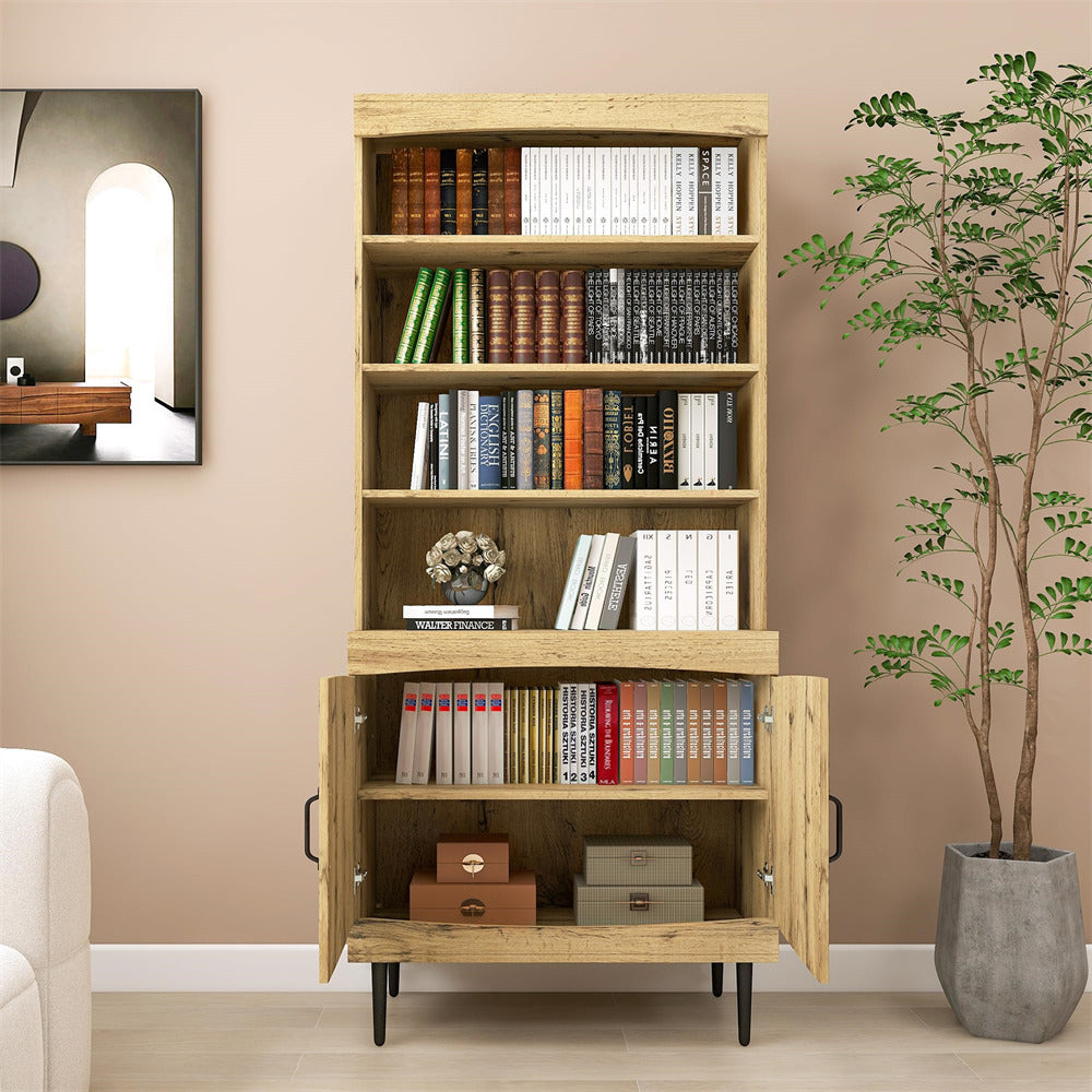 Modern Utility Pantry Cabinet Kitchen Storage Cabinet Walnut with Bookshelf and Adjustable Shelves