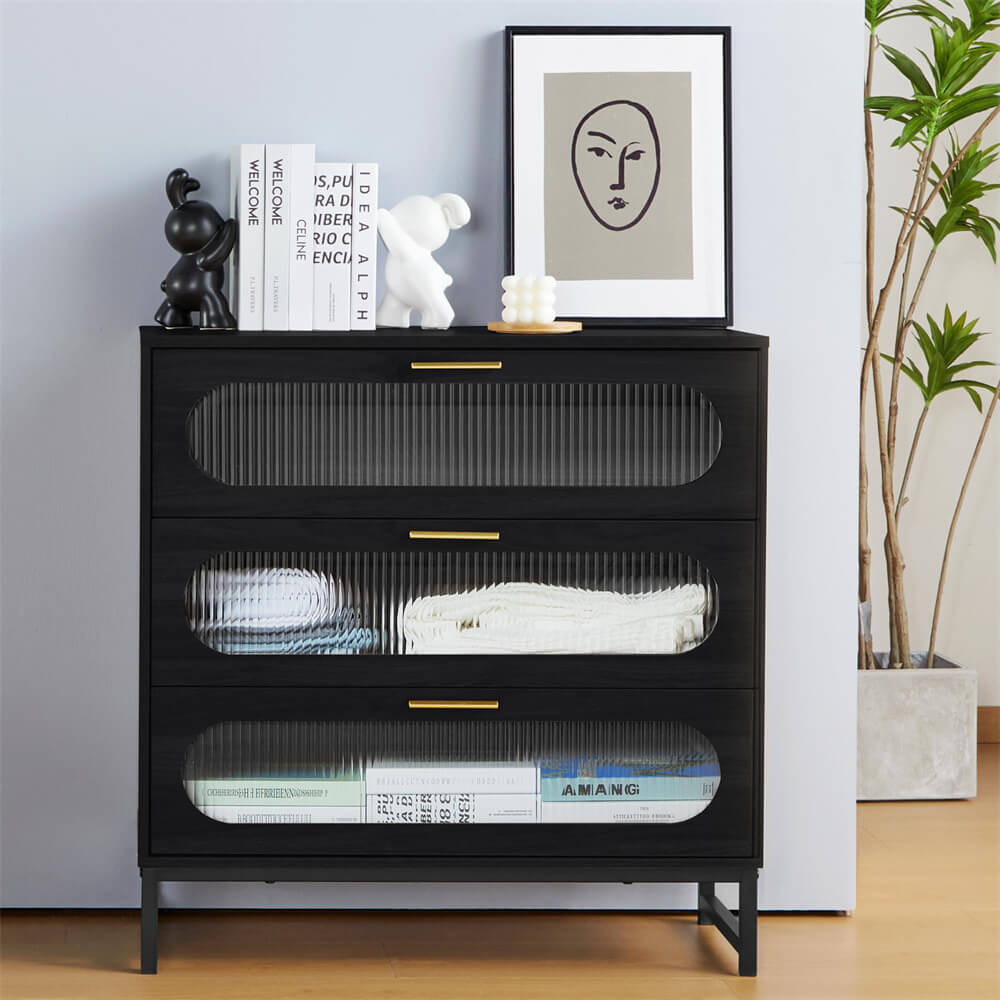 Modern Wood 3 Drawer Dresser Black Tempered Glass Drawer Design