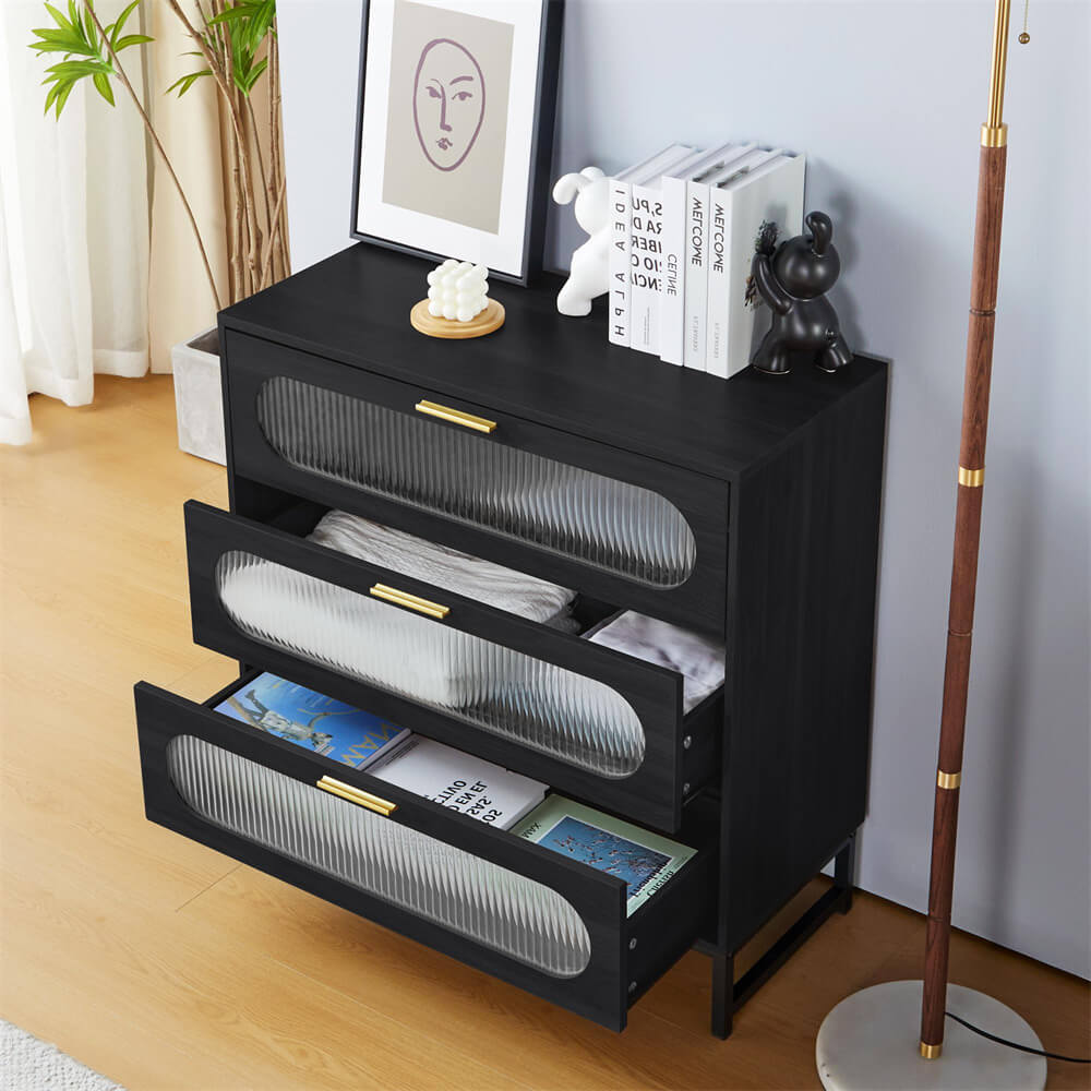 Modern Wood 3 Drawer Dresser Black Tempered Glass Drawer Design