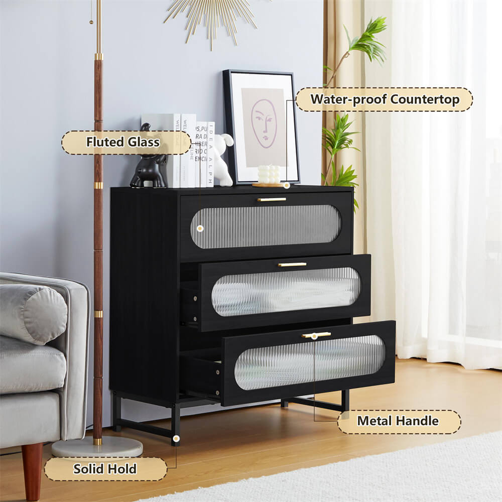 Modern Wood 3 Drawer Dresser Black Tempered Glass Drawer Design