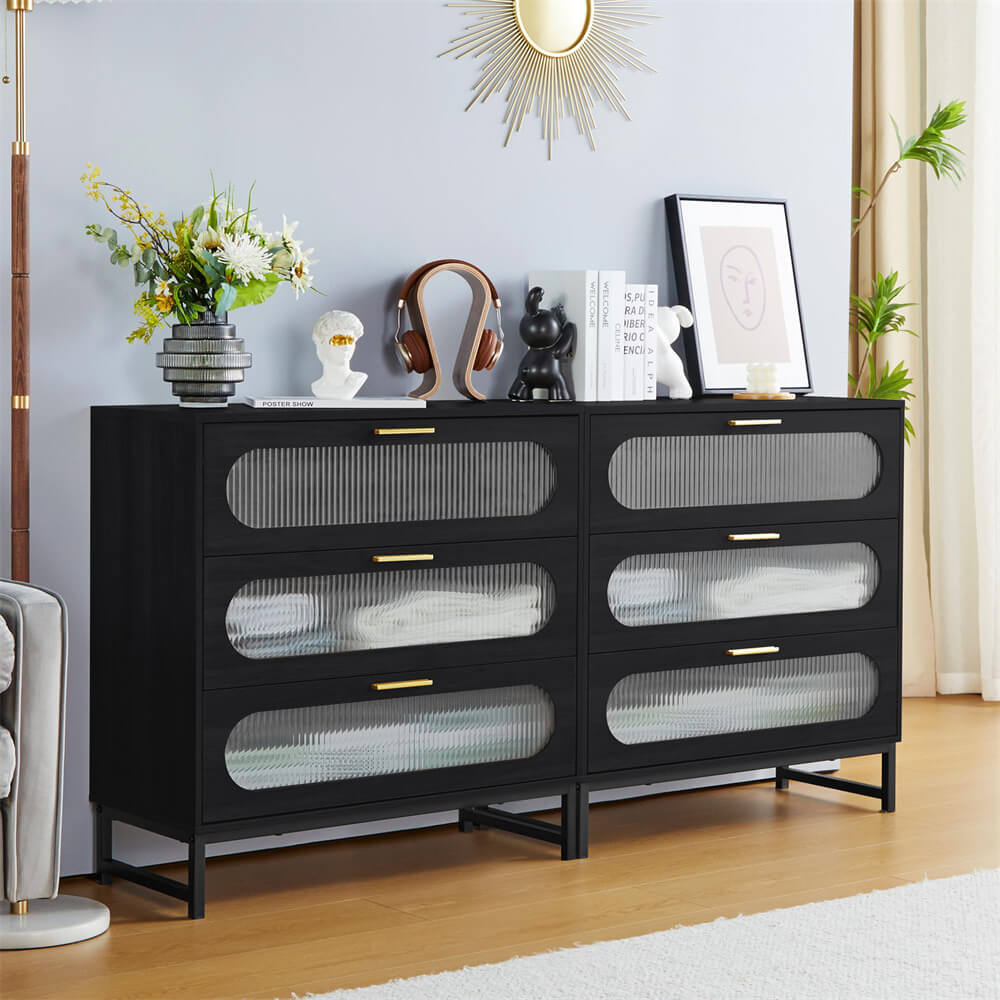 Modern Wood 3 Drawer Dresser Black Tempered Glass Drawer Design