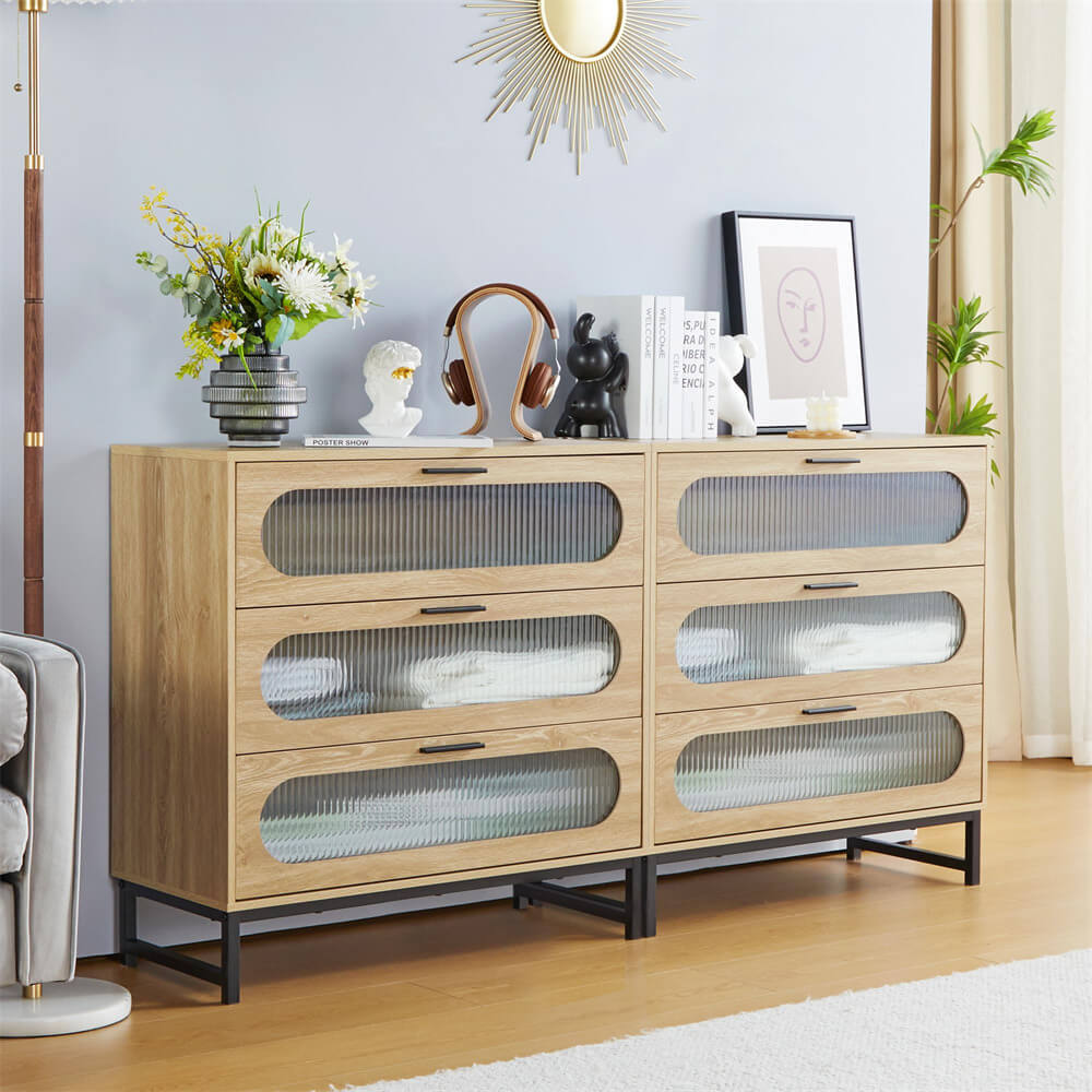 Modern Wood 3 Drawer Dresser Natural Tempered Glass Drawer Design