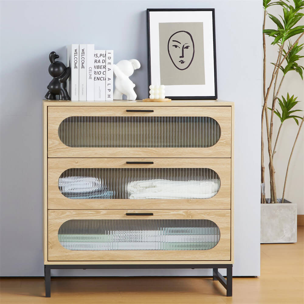 Modern Wood 3 Drawer Dresser Natural Tempered Glass Drawer Design