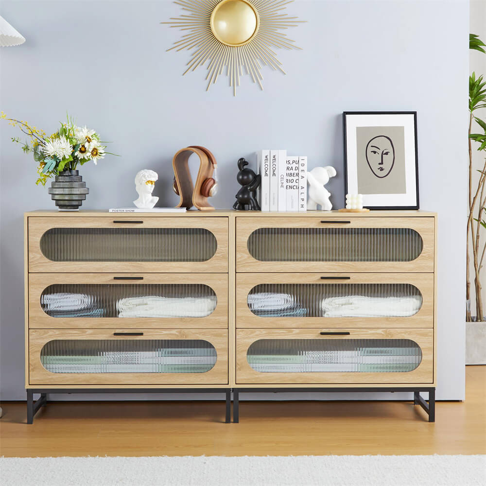 Modern Wood 3 Drawer Dresser Natural Tempered Glass Drawer Design