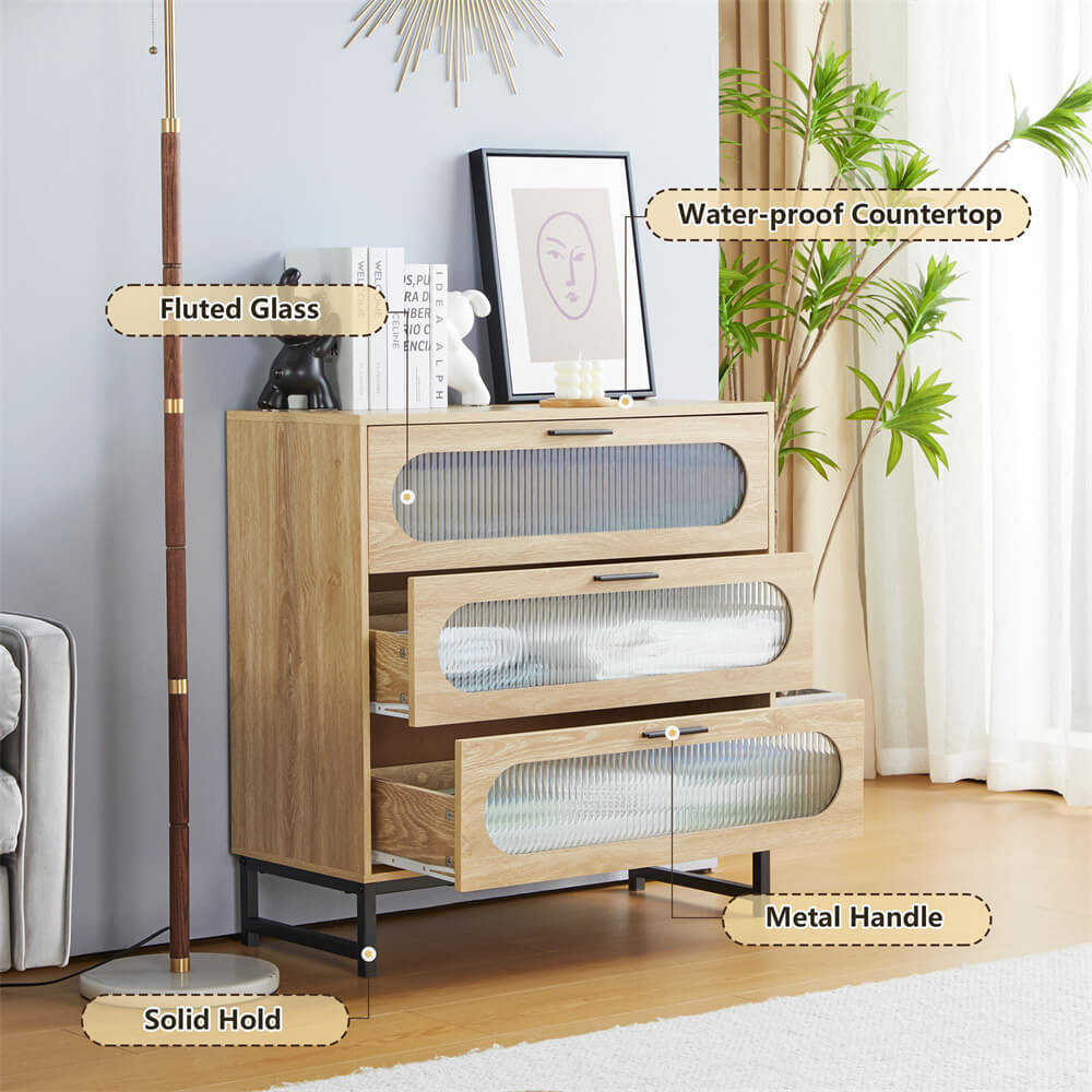 Modern Wood 3 Drawer Dresser Natural Tempered Glass Drawer Design