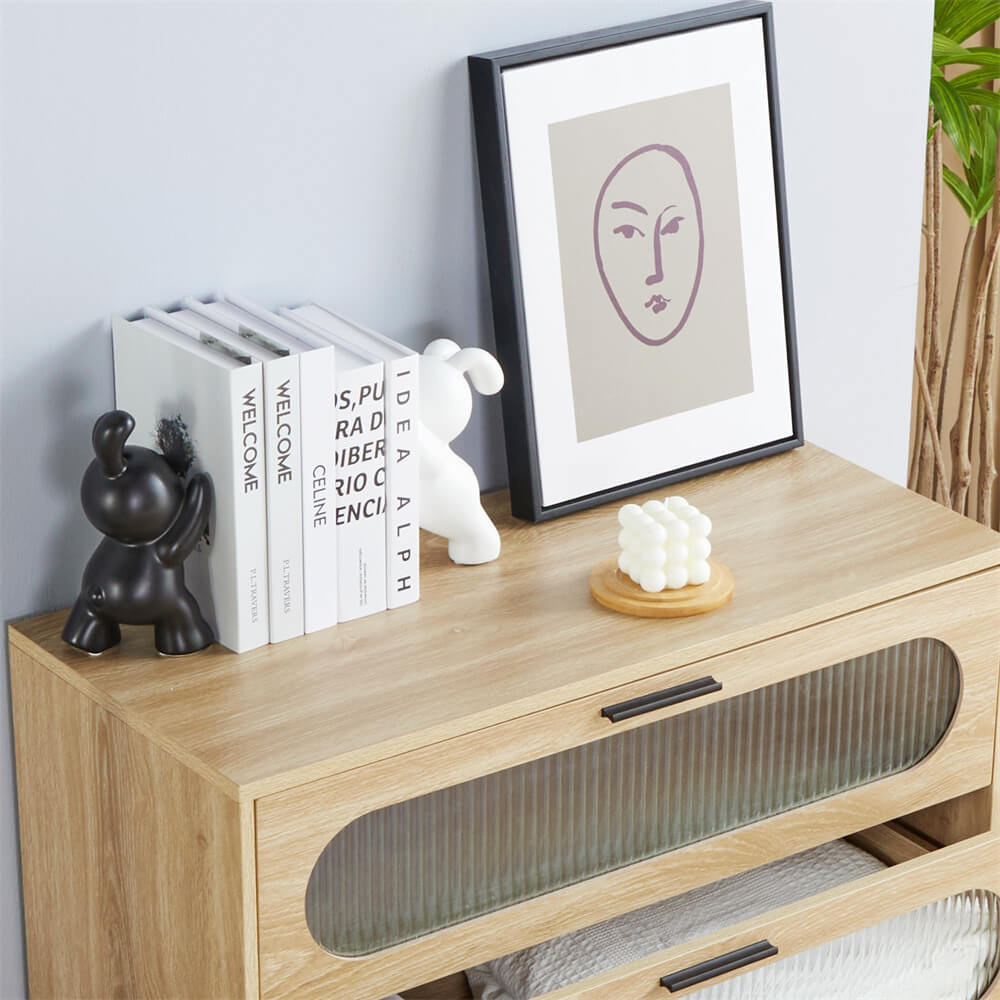 Modern Wood 3 Drawer Dresser Natural Tempered Glass Drawer Design
