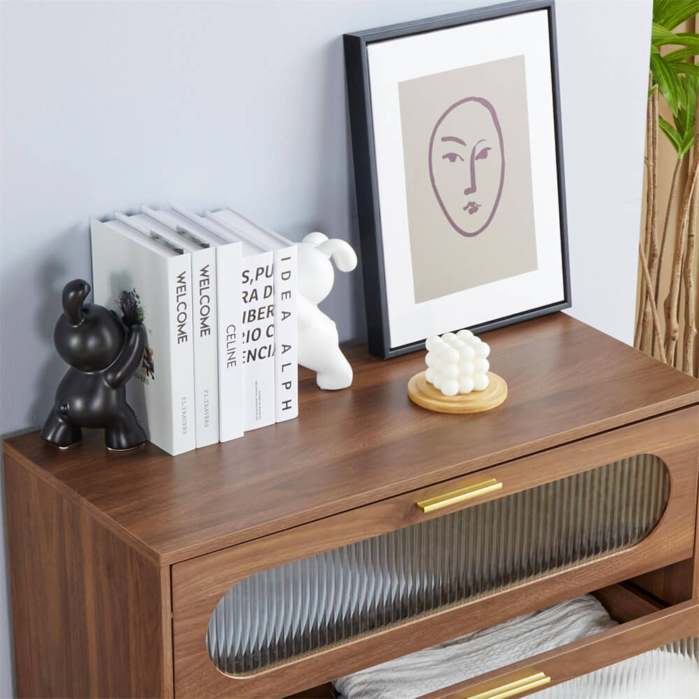 Modern Wood 3 Drawer Dresser Walnut Tempered Glass Drawer Design