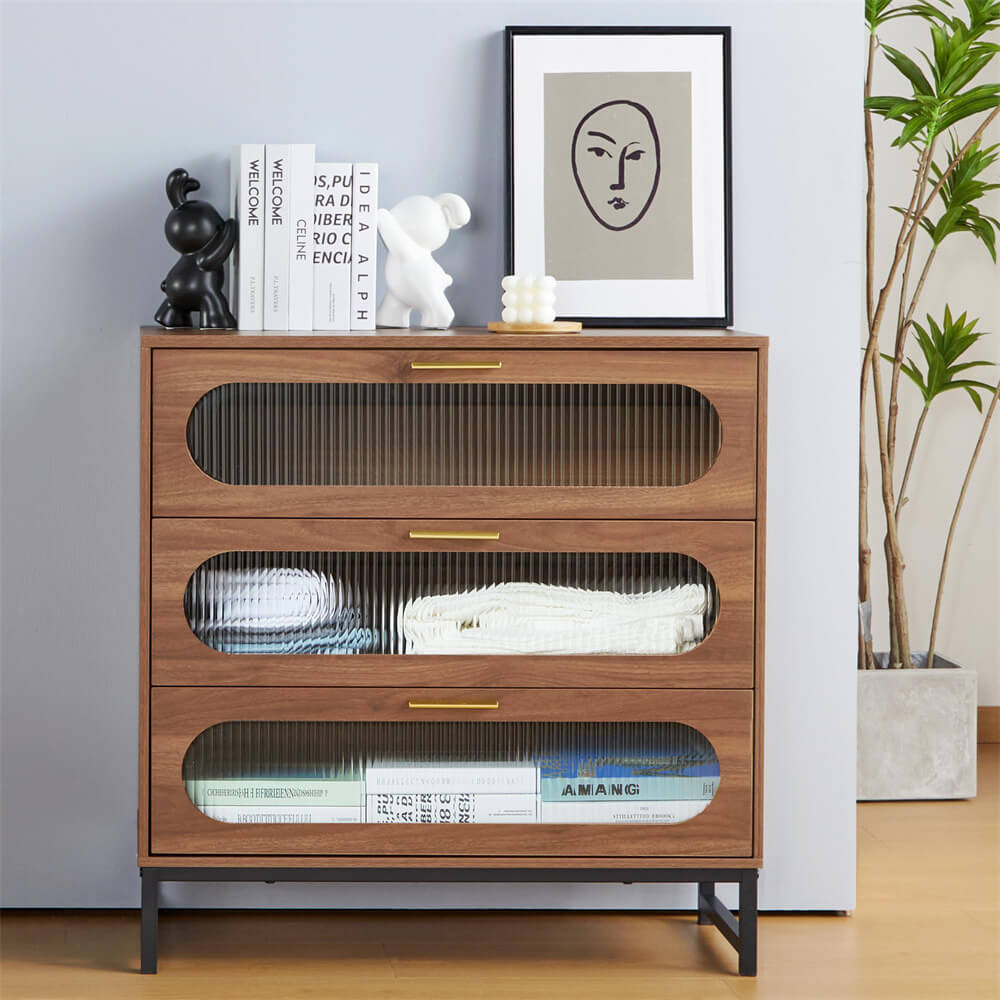 Modern Wood 3 Drawer Dresser Walnut Tempered Glass Drawer Design