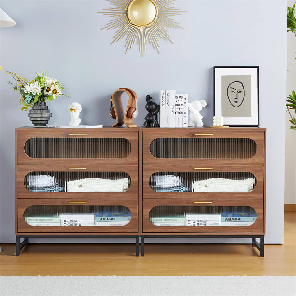 Modern Wood 3 Drawer Dresser Walnut Tempered Glass Drawer Design