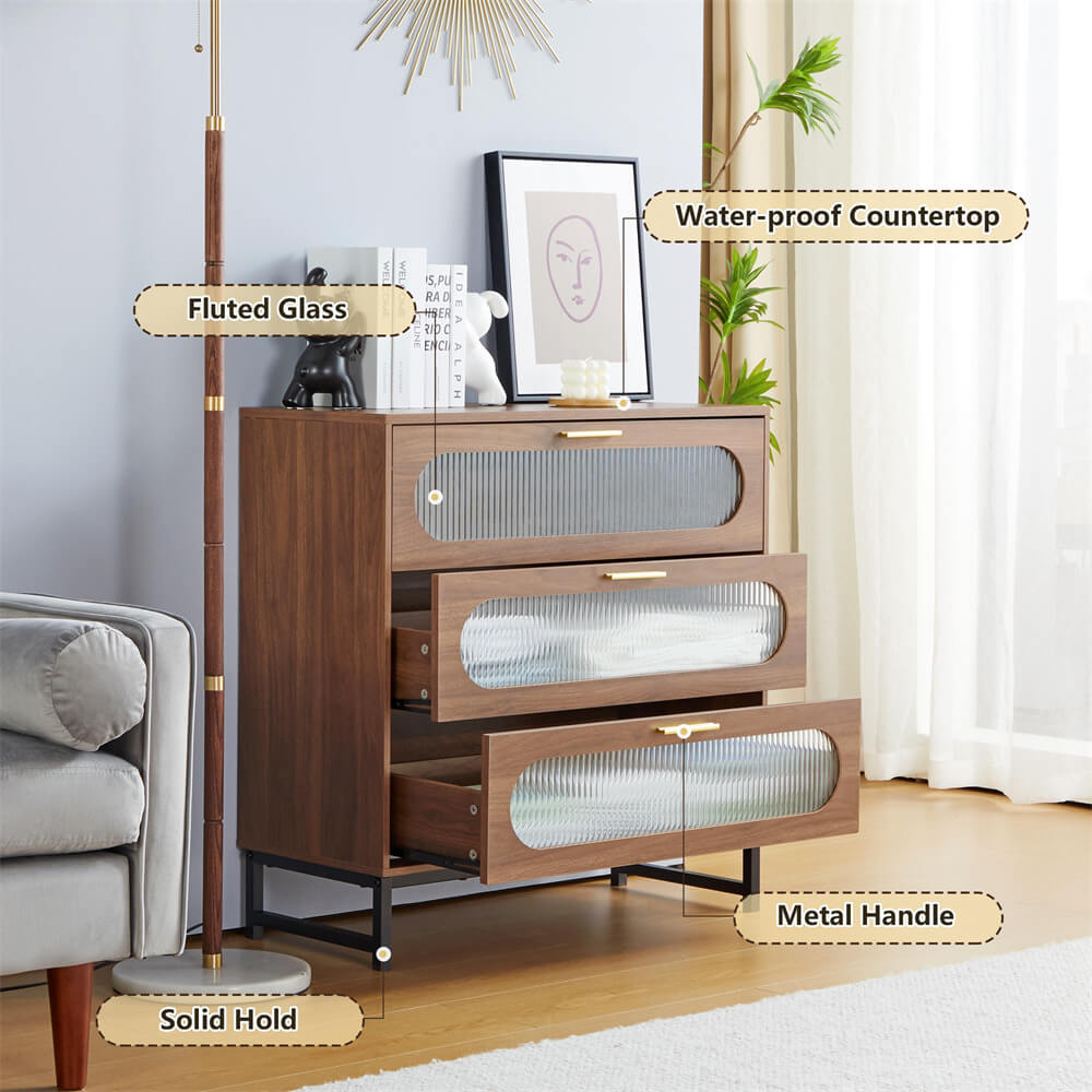 Modern Wood 3 Drawer Dresser Walnut Tempered Glass Drawer Design