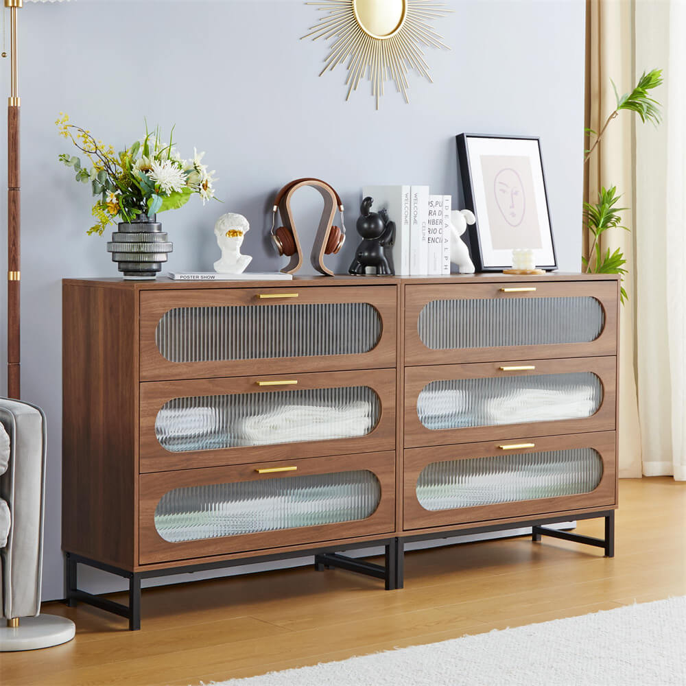 Modern Wood 3 Drawer Dresser Walnut Tempered Glass Drawer Design