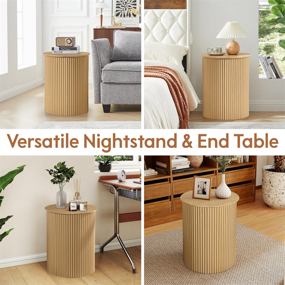 Collage of a versatile nightstand and end table in various room settings.