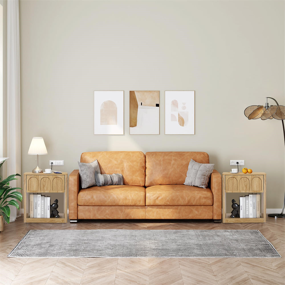Natural 19.69" Modern Nightstand Set of 2 Bedside Table with Arched Finish and Curved Profile