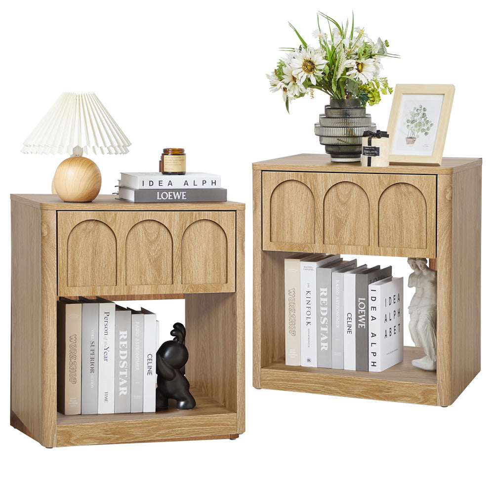 Natural 19.69" Modern Nightstand Set of 2 Bedside Table with Arched Finish and Curved Profile