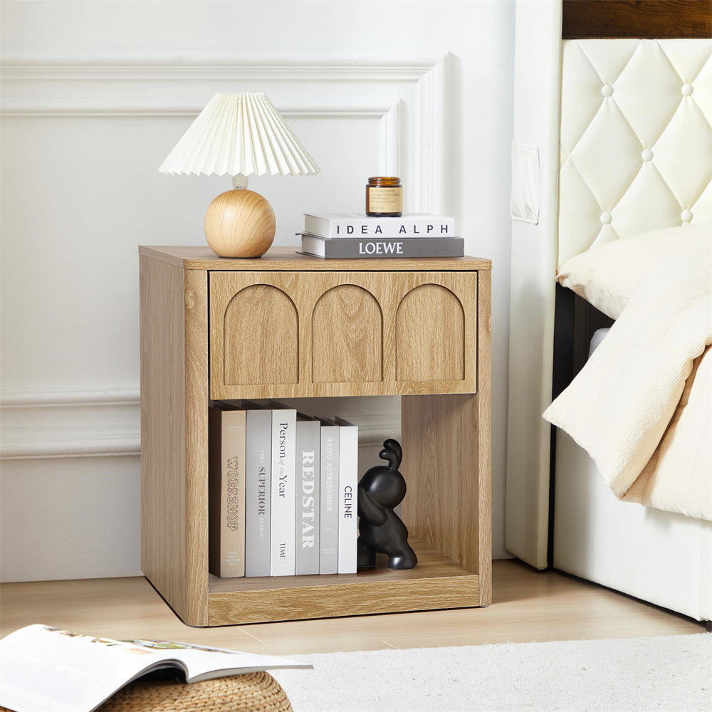 Natural 19.69" Modern Nightstand Set of 2 Bedside Table with Arched Finish and Curved Profile