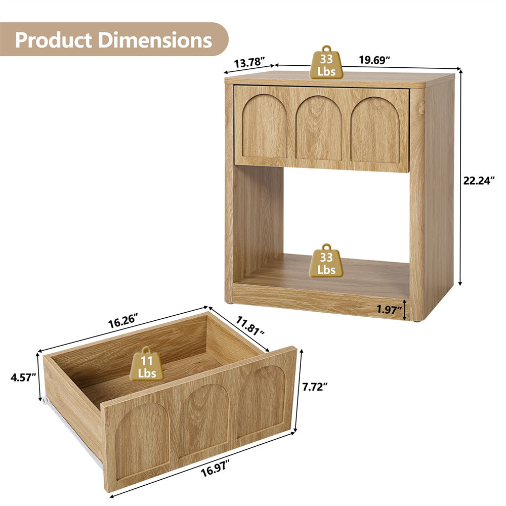 Natural 19.69" Modern Nightstand Set of 2 Bedside Table with Arched Finish and Curved Profile