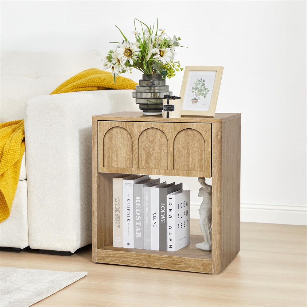Natural 19.69" Modern Nightstand Set of 2 Bedside Table with Arched Finish and Curved Profile