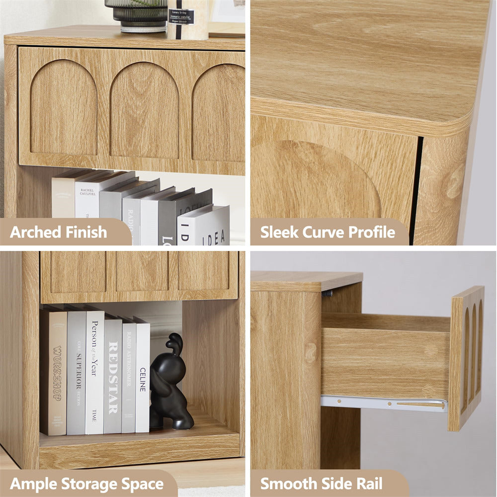 Natural 19.69" Modern Nightstand Set of 2 Bedside Table with Arched Finish and Curved Profile