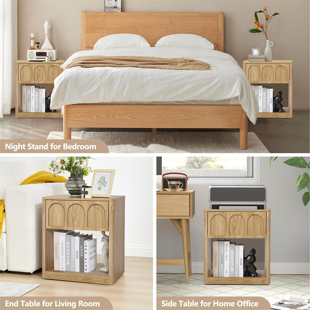 Natural 19.69" Modern Nightstand Set of 2 Bedside Table with Arched Finish and Curved Profile