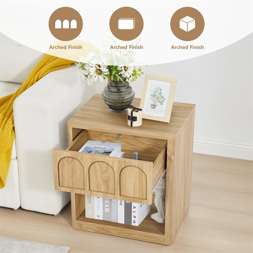 Natural 19.69" Modern Nightstand Set of 2 Bedside Table with Arched Finish and Curved Profile