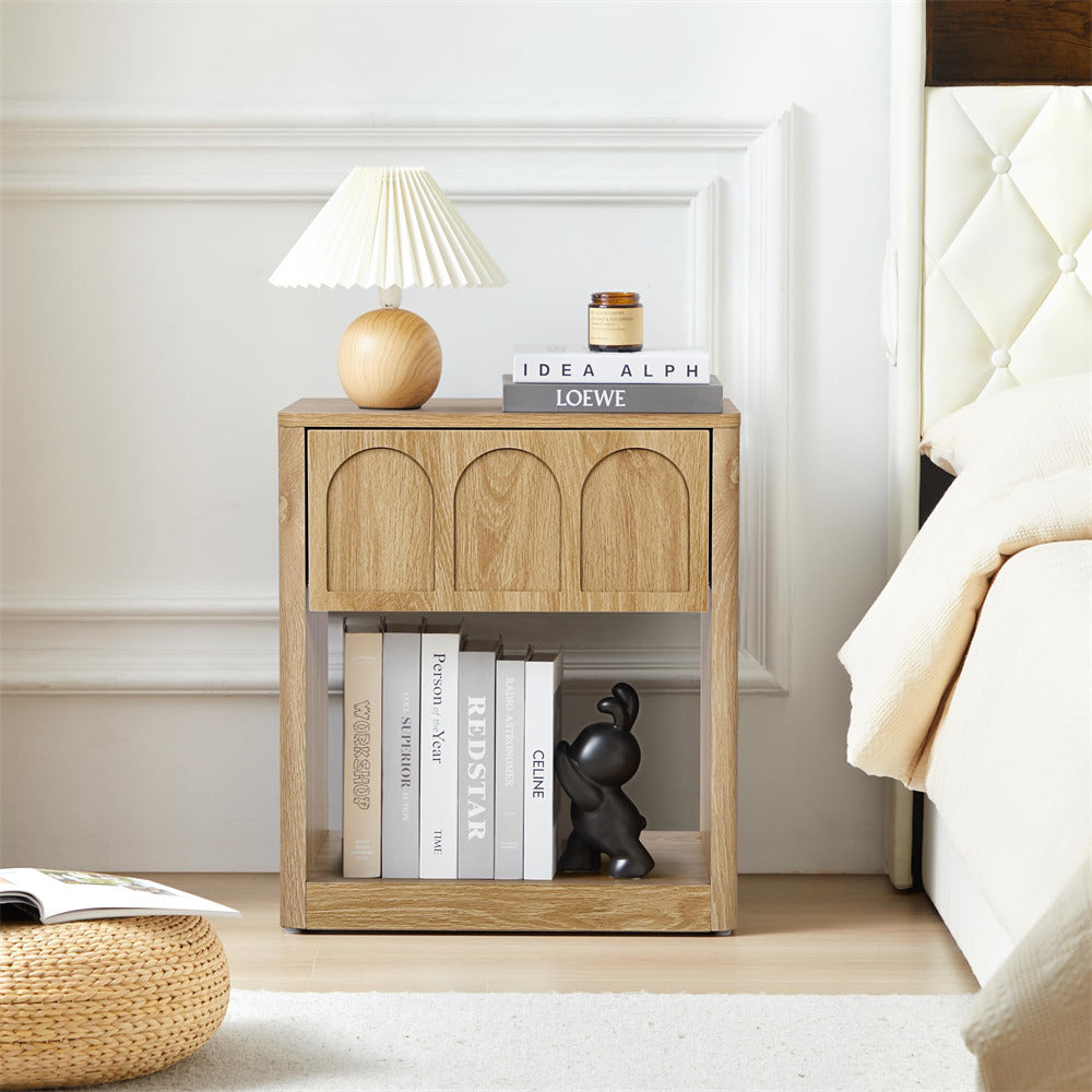 Natural 19.69" Modern Wood Nightstand Bedside Table With Arched Finish and Curved Profile